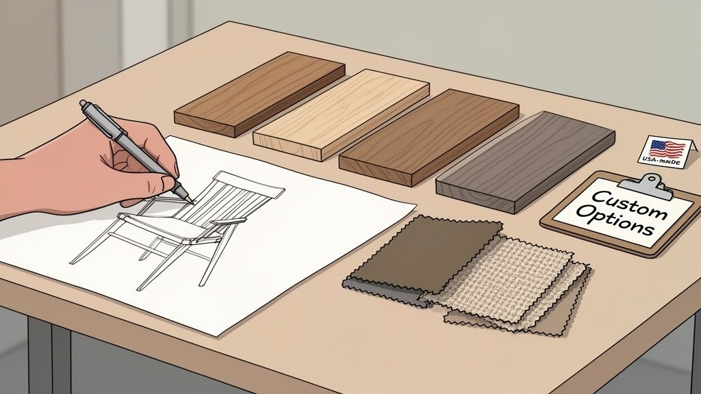 A hand sketches a chair design on paper, surrounded by wood samples, fabric swatches, and custom options.