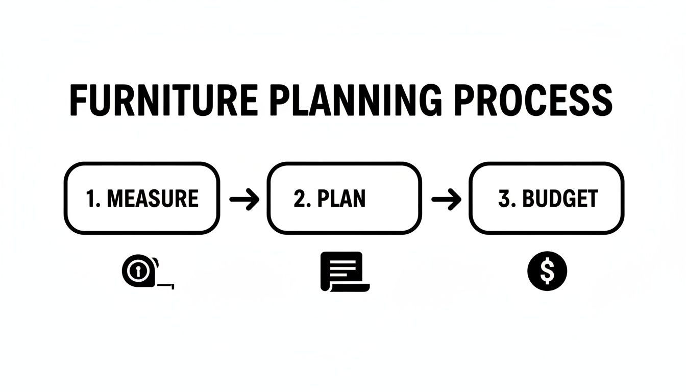 Flowchart outlining the furniture planning process: measure, plan, and budget, with icons.