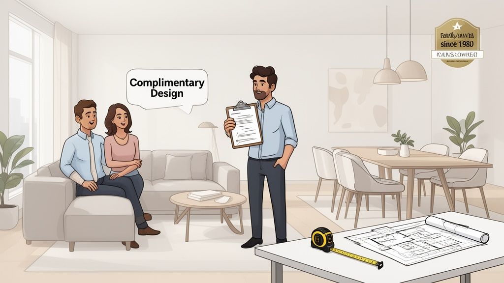 An interior designer presenting a complimentary design plan to a happy couple in their modern home, with blueprints visible.