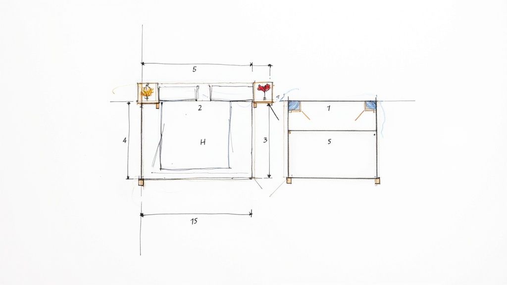 Technical architectural drawing showing bedroom furniture layout with measurements and dimensions for two pieces