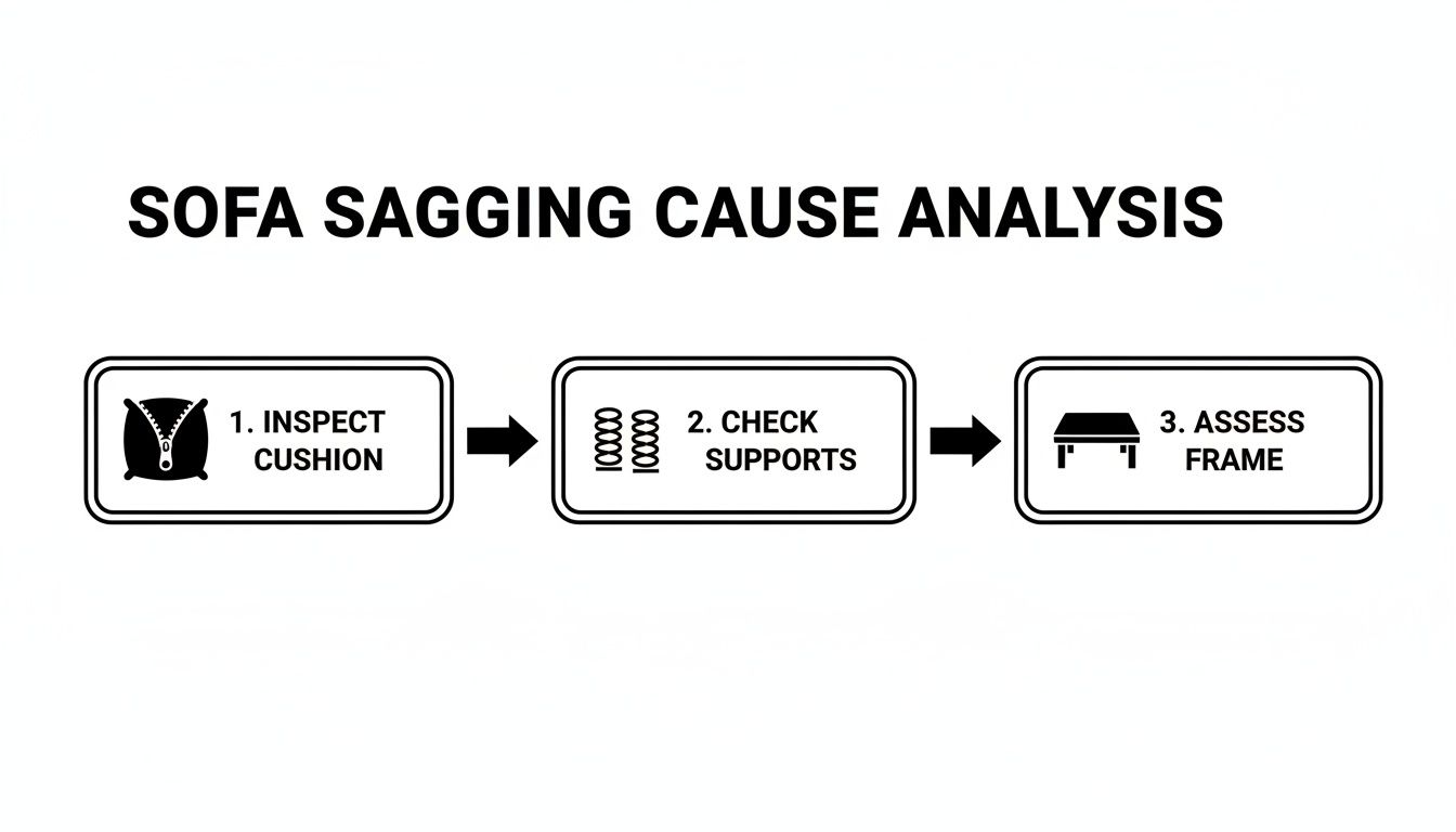 Flowchart showing a three-step analysis for sofa sagging: inspect cushion, check supports, and assess frame.