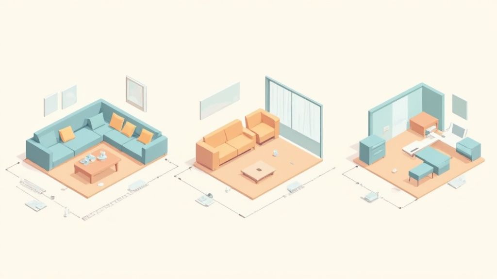 Three isometric room layouts: a sectional living room, a sofa living room, and an office setup.