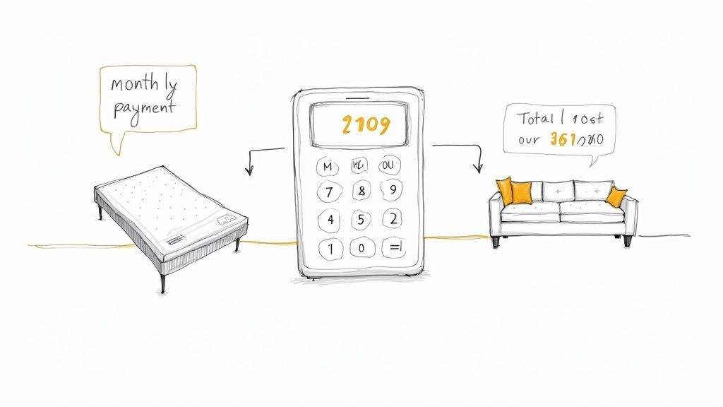 A calculator displays '2109', with arrows pointing to a mattress and a sofa, showing monthly payments and total cost.
