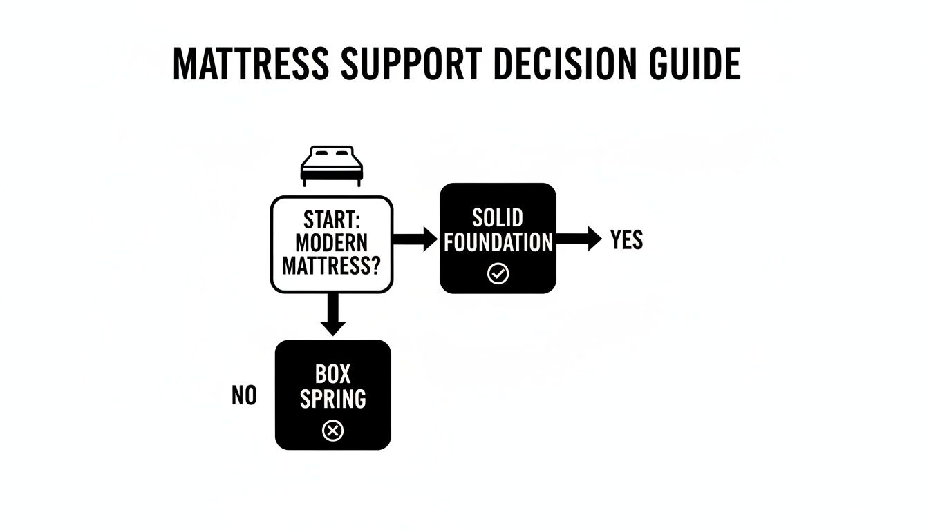 A flowchart titled 'Mattress Support Decision Guide' showing a modern mattress leads to a solid foundation.