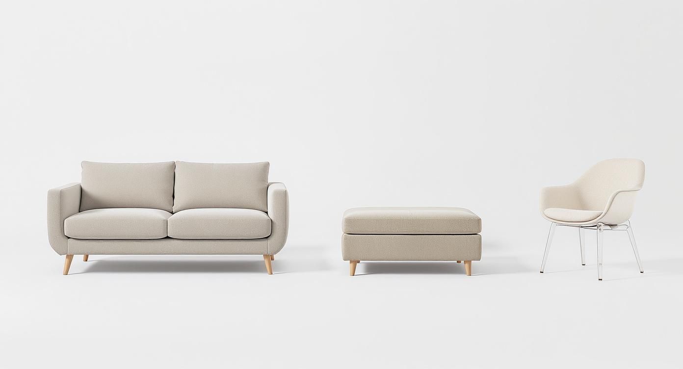 A modern light beige two-seater sofa, matching ottoman, and cream armchair on a white background.