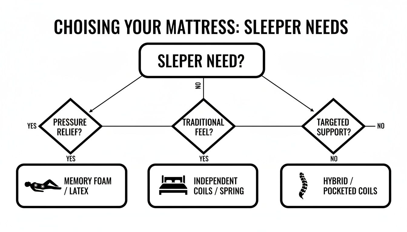 A flowchart guiding mattress selection based on sleeper needs: pressure relief, traditional feel, or targeted support.