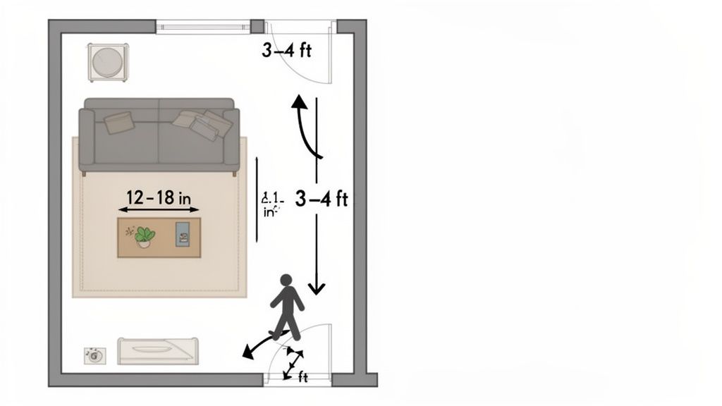 Floor plan of a living room with sofa, coffee table, and rug, showing recommended furniture spacing and pathways.