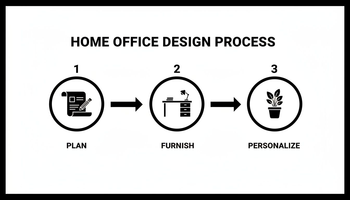 A three-step infographic outlining the home office design process: Plan, Furnish, and Personalize.