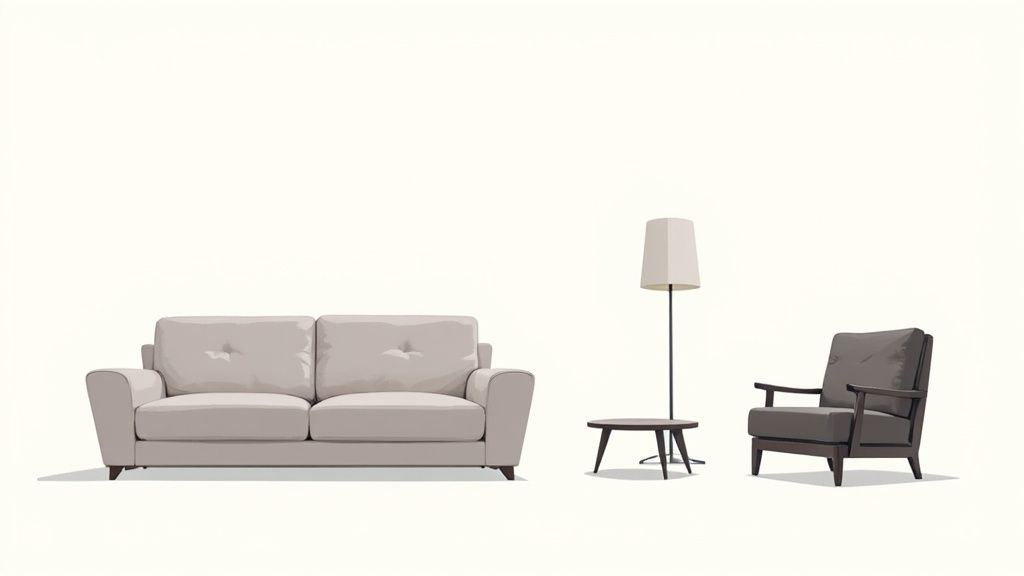 Living room with a large sofa on one side balanced by an armchair and floor lamp on the other, demonstrating scale and visual weight.