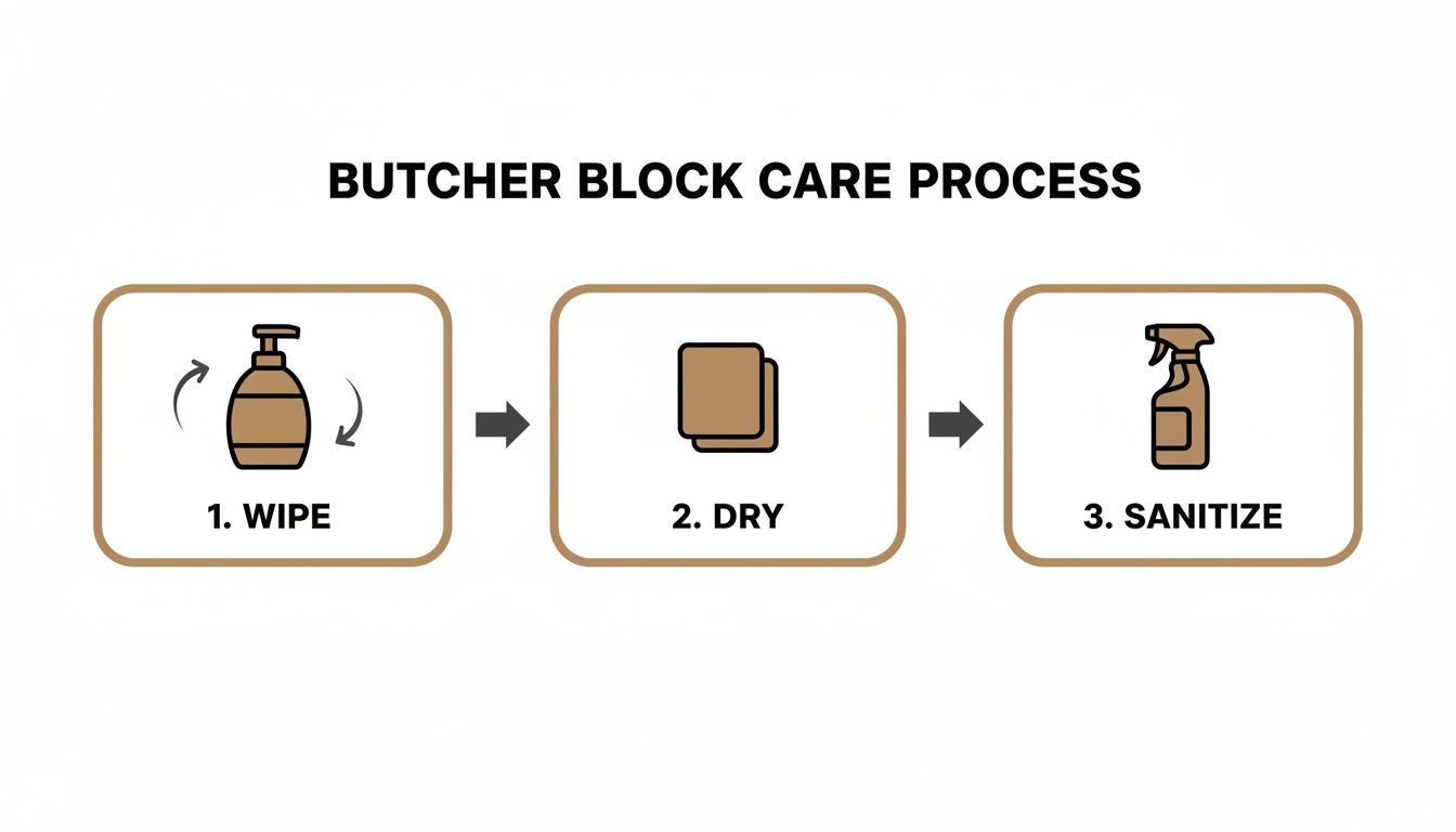 Visual guide detailing a three-step butcher block care process: wipe, dry, and sanitize.