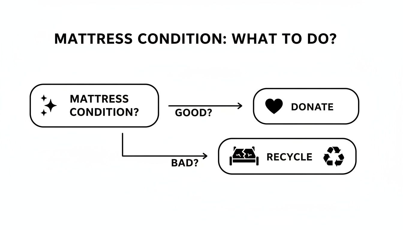 Flowchart illustrating mattress disposal options: donate if in good condition, recycle if in bad condition.