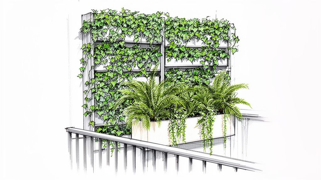 A hand-drawn sketch of a modern balcony with a lush vertical garden and potted plants.