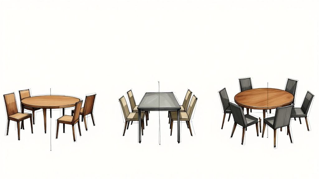Three modern dining table sets with different chair styles and table shapes displayed side by side