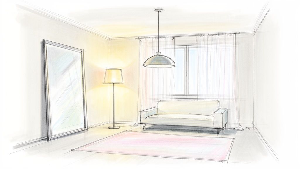 A hand-drawn sketch depicting a cozy small living room with a sofa, floor lamp, and large mirror.
