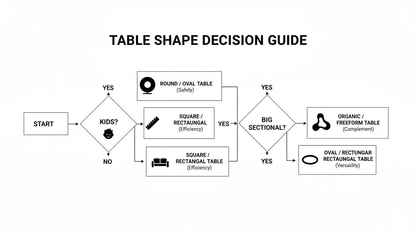 Flowchart titled 'Table Shape Decision Guide' helps select table shapes based on kids and big sectional sofas.