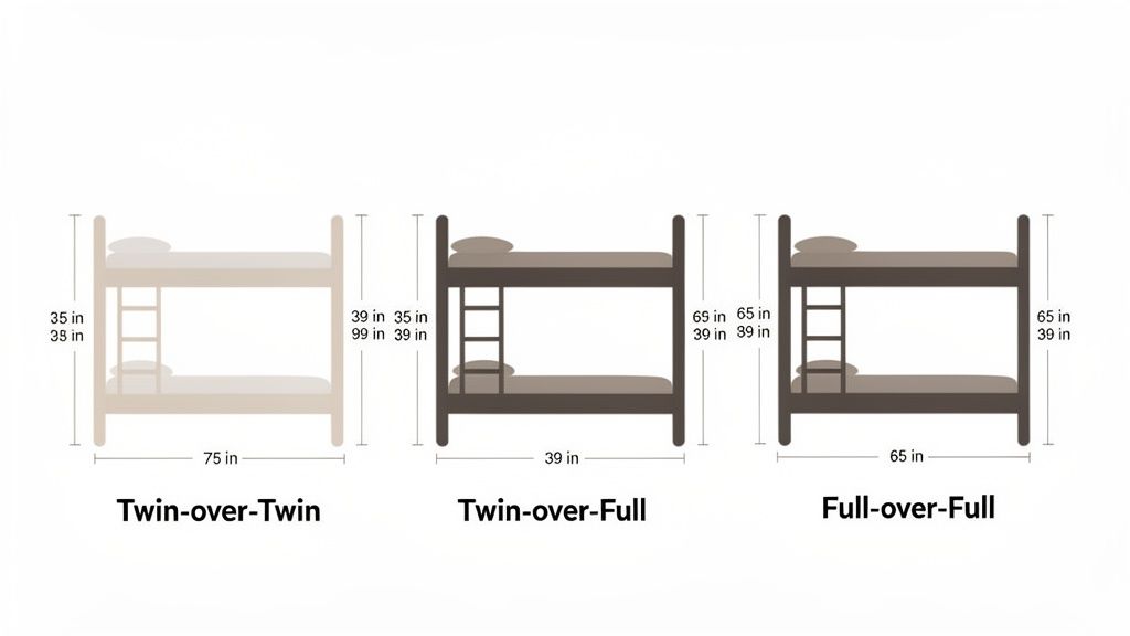 Diagram showing dimensions for Twin-over-Twin, Twin-over-Full, and Full-over-Full bunk beds.