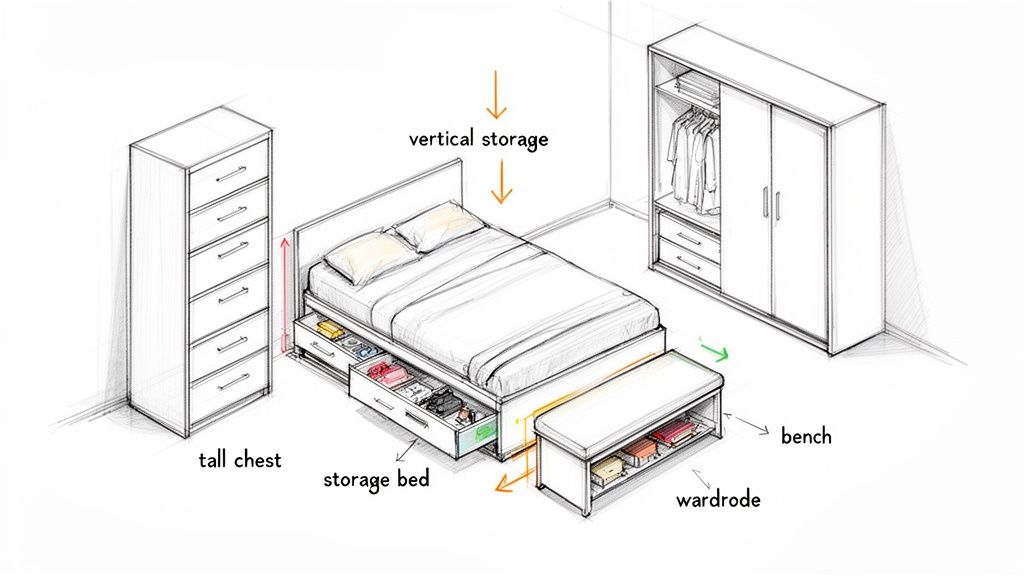 A detailed sketch illustrates space-saving bedroom furniture, including a storage bed, tall chest, and wardrobe.