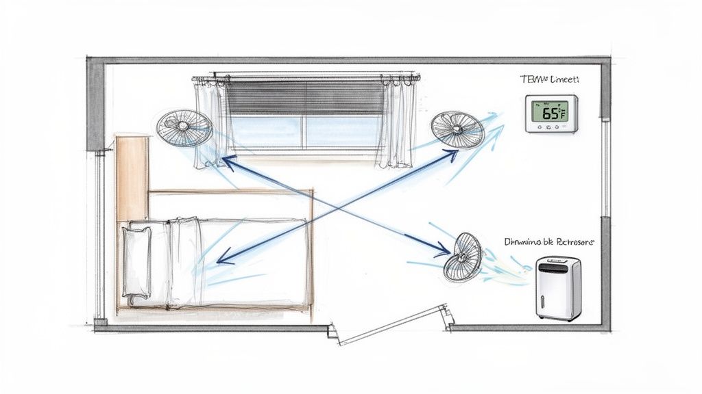 Diagram illustrating a bedroom cooling setup with three fans, a dehumidifier, and a thermostat showing 65°F.