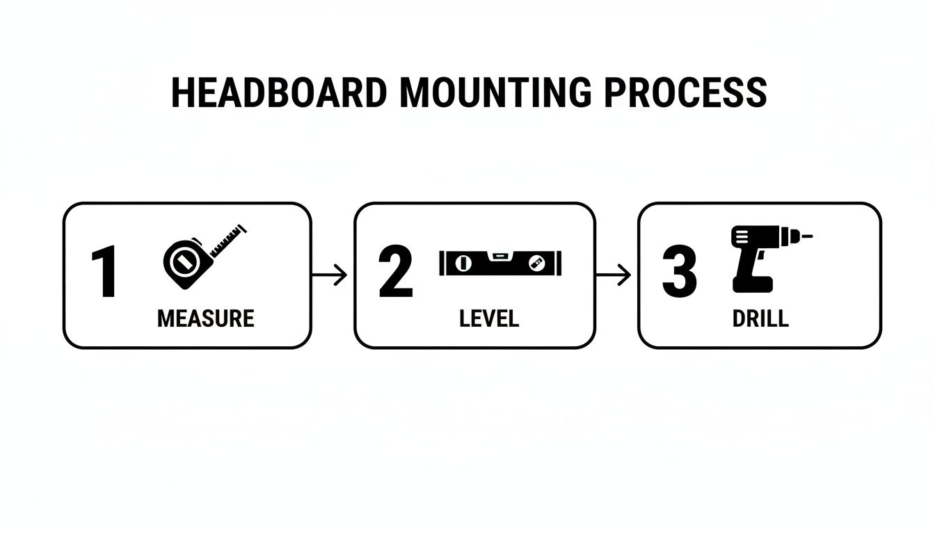 A diagram illustrating the three simple steps for headboard mounting: measure, level, and drill.