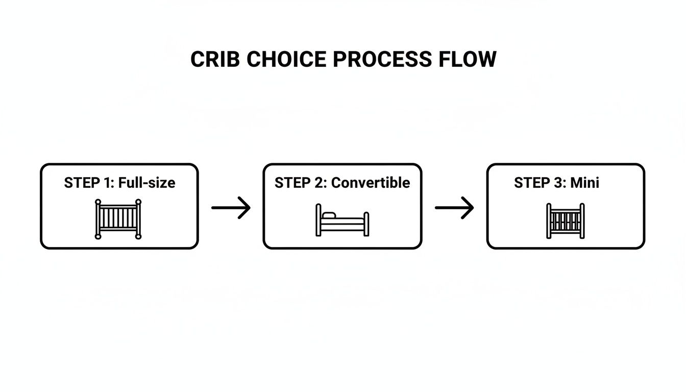 A flowchart titled 'Crib Choice Process Flow', illustrating full-size, convertible, and mini crib options.