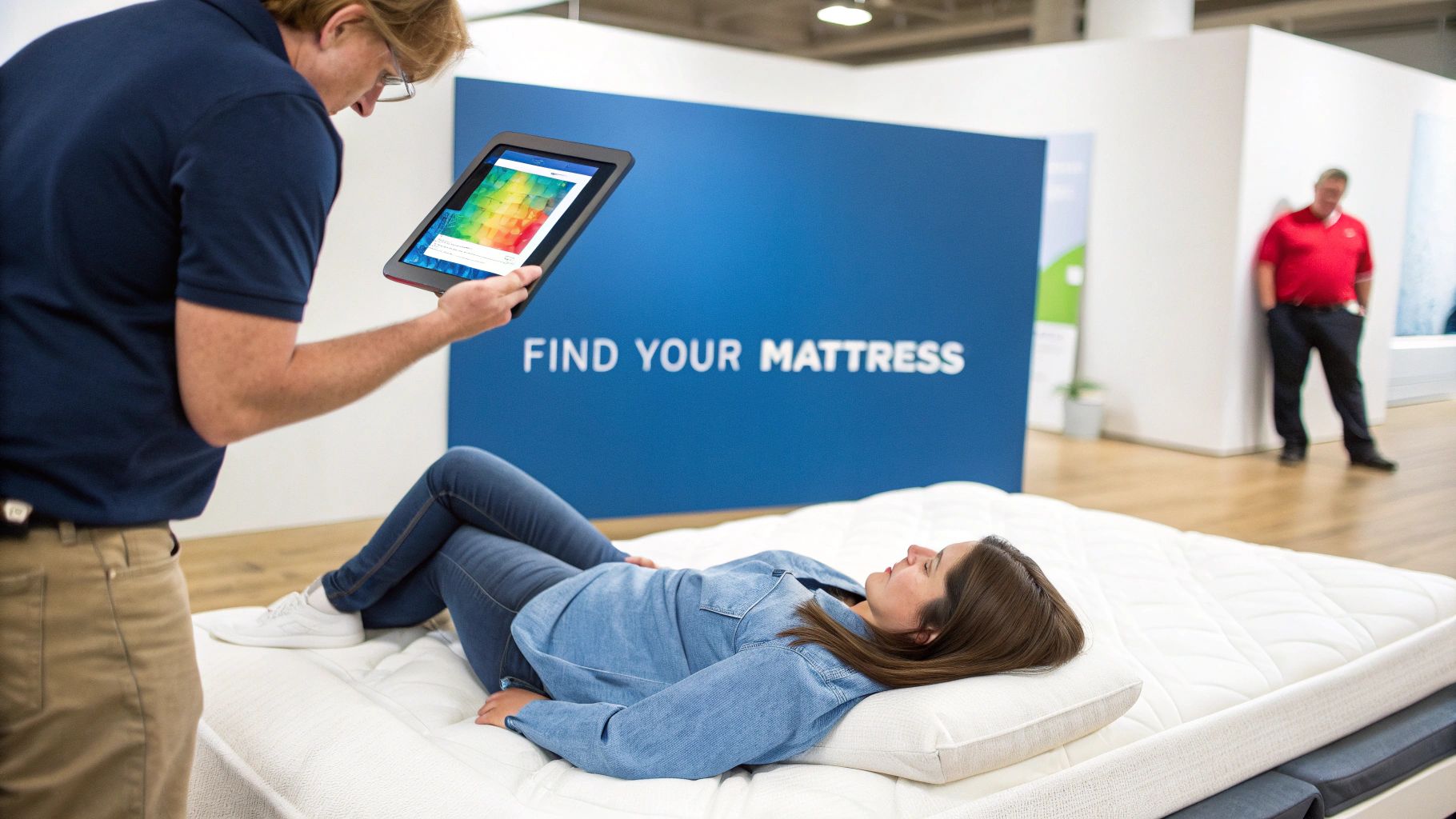 A man shows a woman a digital pressure map on a tablet while she tests a mattress.