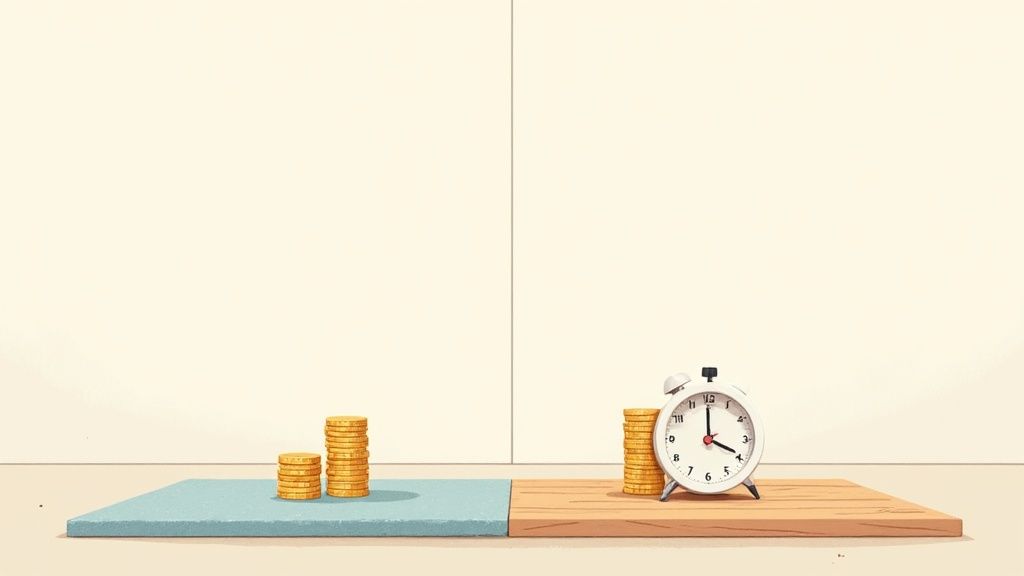Two platforms compare stacks of gold coins and an alarm clock against a divided wall.