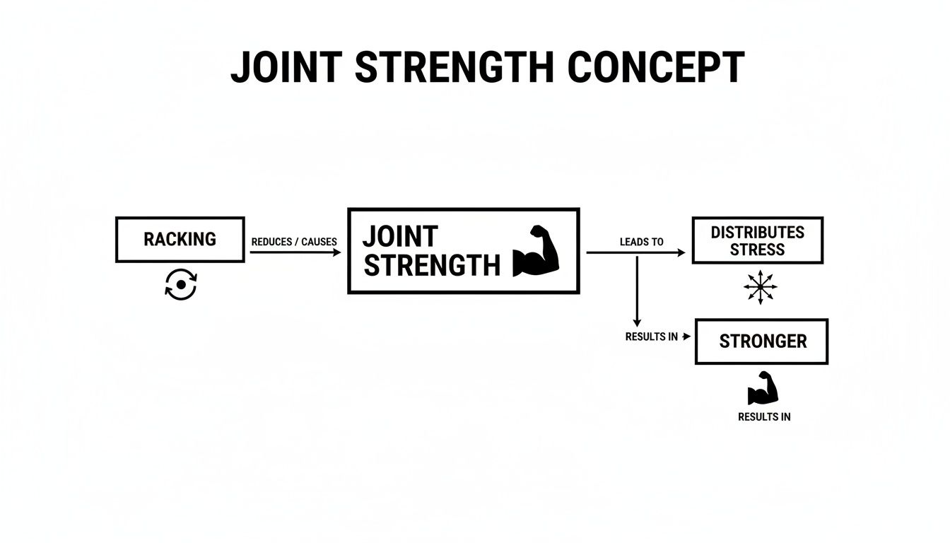 A flowchart titled 'Joint Strength Concept' illustrating how racking affects joint strength, leading to stress distribution and increased overall strength.