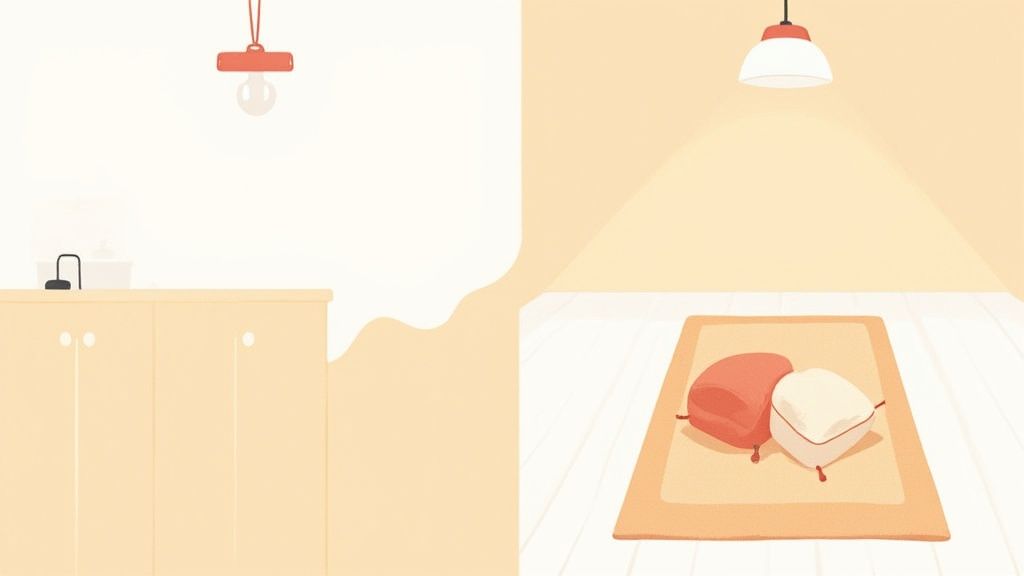 A cozy, minimalist interior illustration featuring a kitchen counter and a living area with two pillows on a rug.