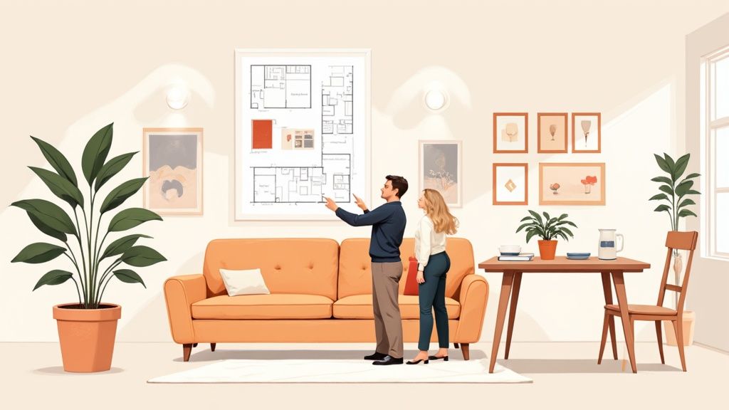 A couple discusses a large floor plan on a wall in a bright room with an orange sofa, plants, and dining area.