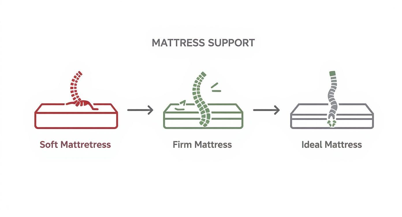 Diagram comparing soft, firm, and ideal mattresses showing how each affects optimal spinal alignment.