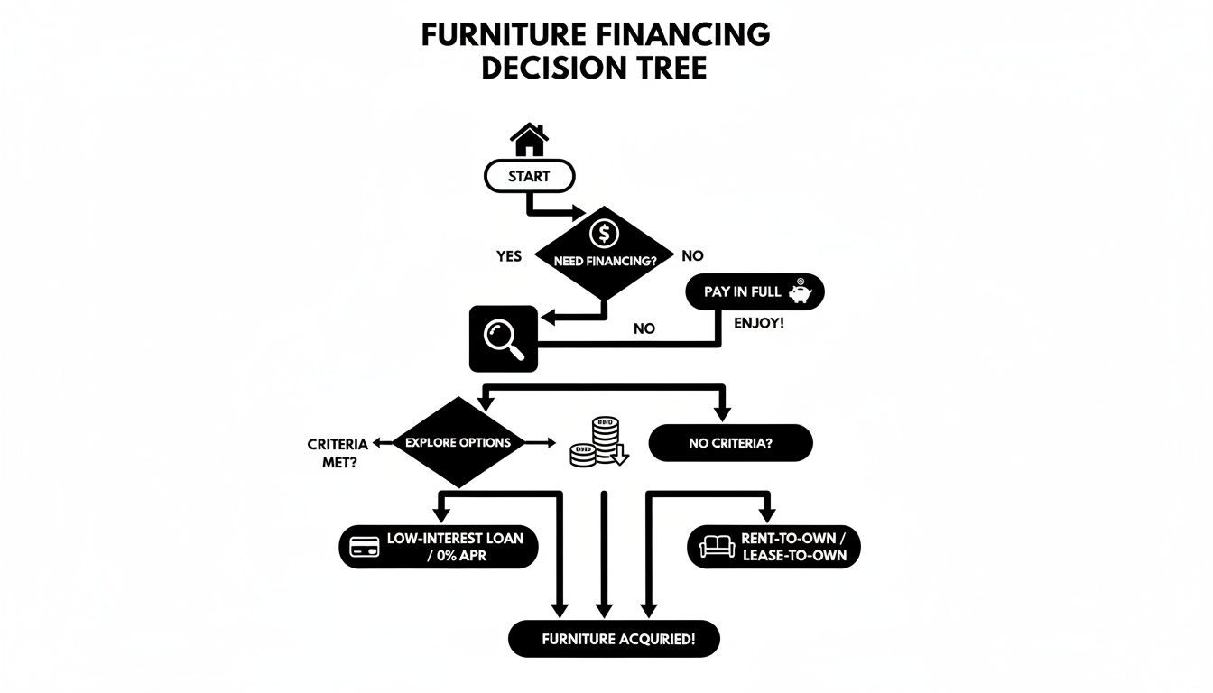 A decision tree flowchart illustrating furniture financing options: pay in full, low-interest loan, or rent-to-own.