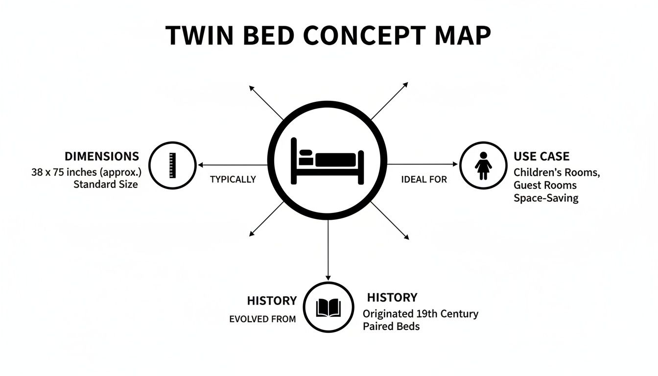 A concept map detailing twin bed dimensions (38x75 inches), use cases for children, guest rooms, space-saving, and its 19th-century history.