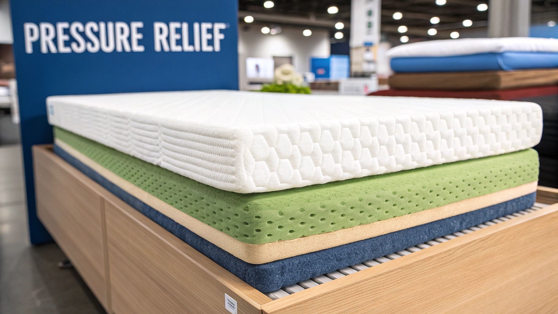 A disassembled multi-layered mattress revealing white, green, beige, and blue foam layers on a wooden bed frame.