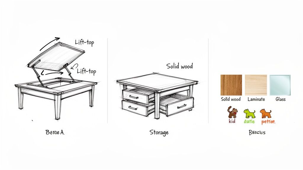Sketches of coffee table features like lift-top and storage, alongside material options: solid wood, laminate, and glass.