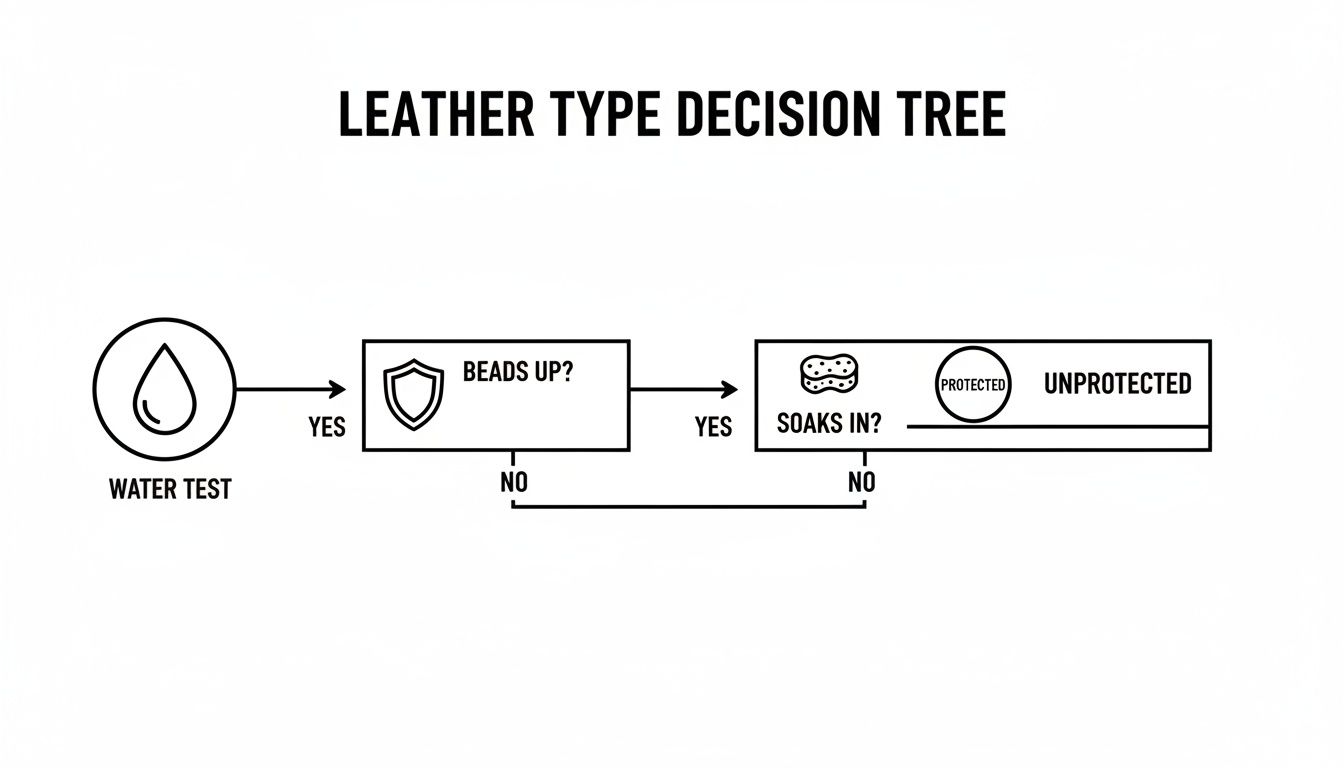 Decision tree illustrating how to determine if leather is protected or unprotected using water tests.