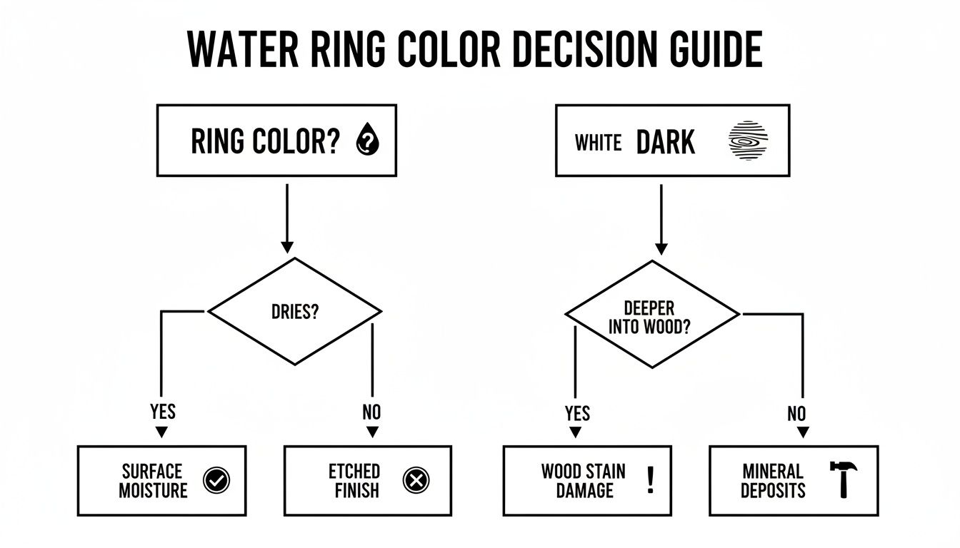 Flowchart guide to diagnose water ring causes on wood surfaces based on color and depth.