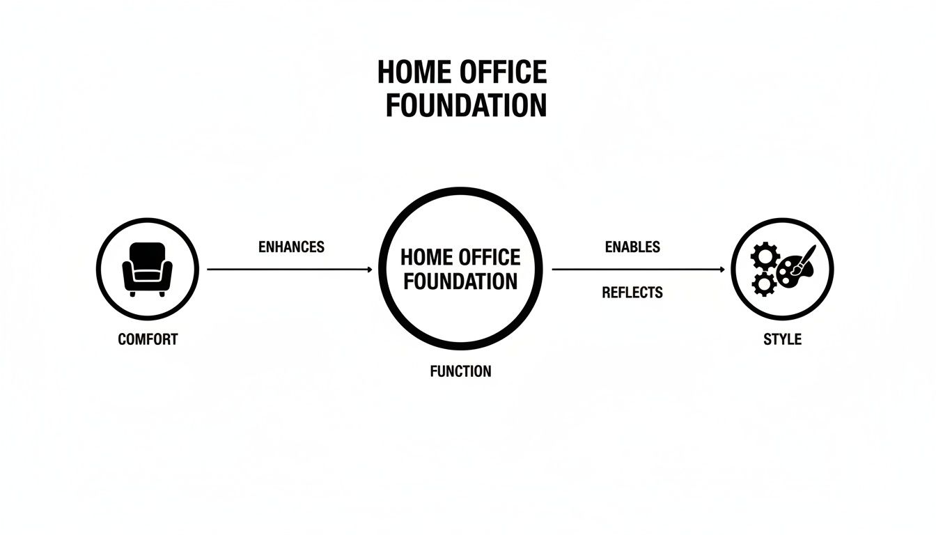 Diagram illustrating home office foundation's relationship with comfort, function, and style.