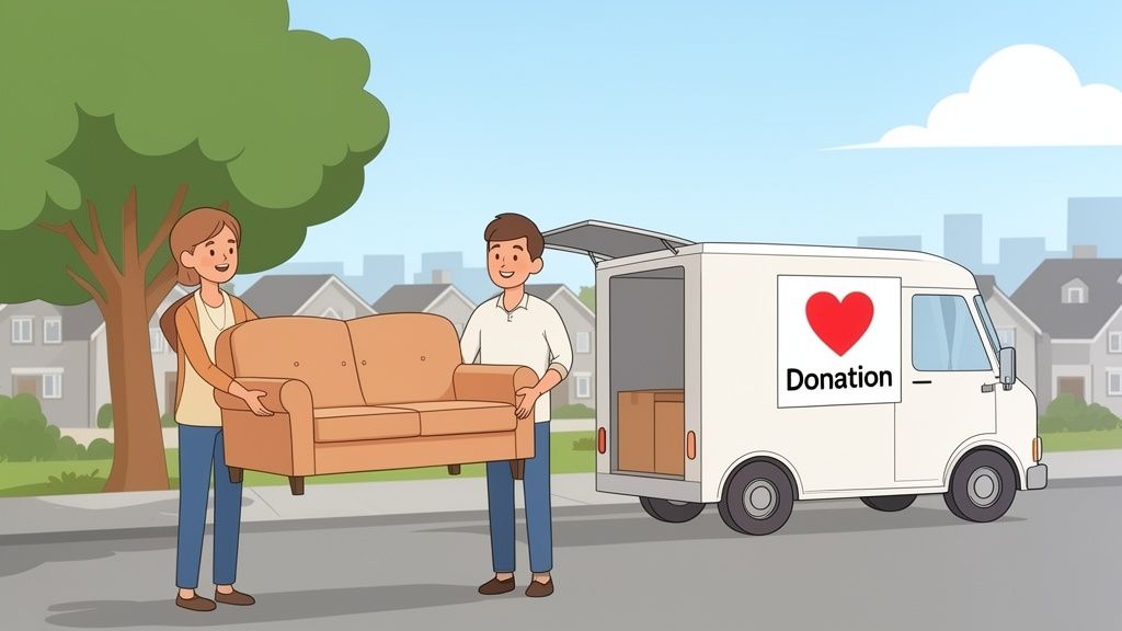 A man and a woman carrying a sofa towards a white donation truck on a residential street.