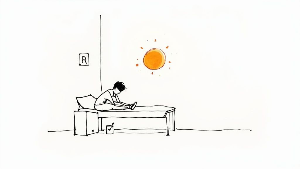 Minimalist drawing of a person stretching on a simple bed, with a bright orange sun and letter R.