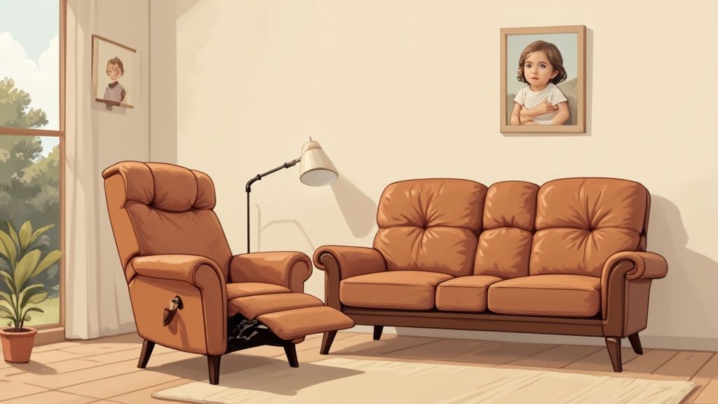 Cozy living room featuring tan leather recliner and matching leather sofa with floor lamp