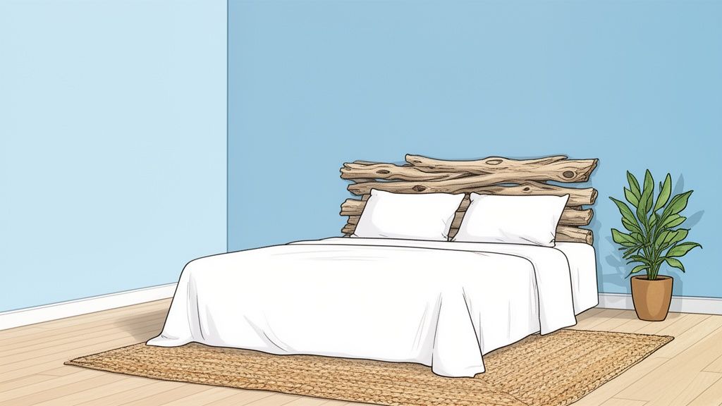 A bright, minimalist bedroom with light blue walls, a bed with a driftwood headboard, and a plant.