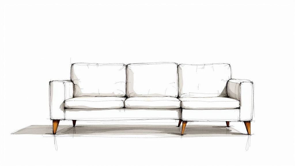 Minimalist sketch of a modern three-seater white sofa with tapered wooden legs and shadow.