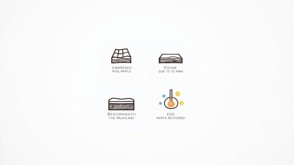 Four mattress types illustrated: damsened rislapple, focme, redornianto, and ece mine recpoped with distinct layer diagrams