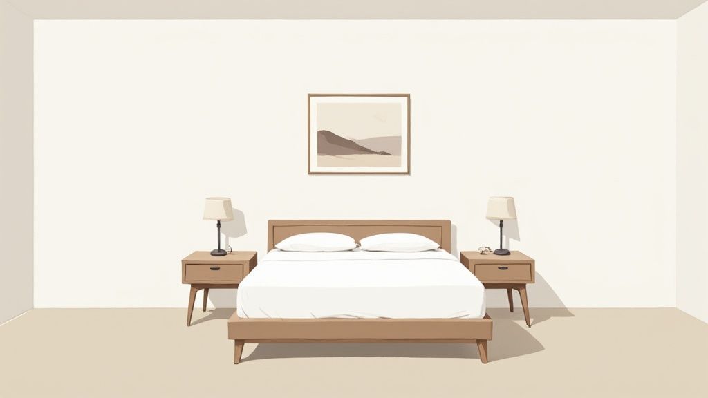 A minimalist bedroom featuring a wooden bed, white bedding, two nightstands with lamps, and framed mountain art.