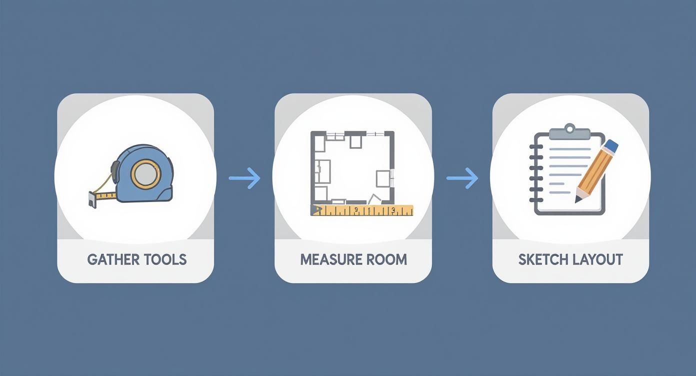 A three-step infographic showing how to measure a room: gather tools, measure room, and sketch layout.