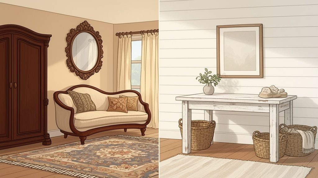 A split image showing a classic traditional living room and a rustic farmhouse entryway side-by-side.