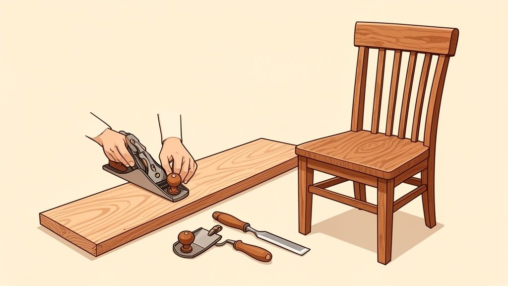 Hands using a hand plane to smooth a wooden board, with a finished wooden chair and woodworking tools nearby.