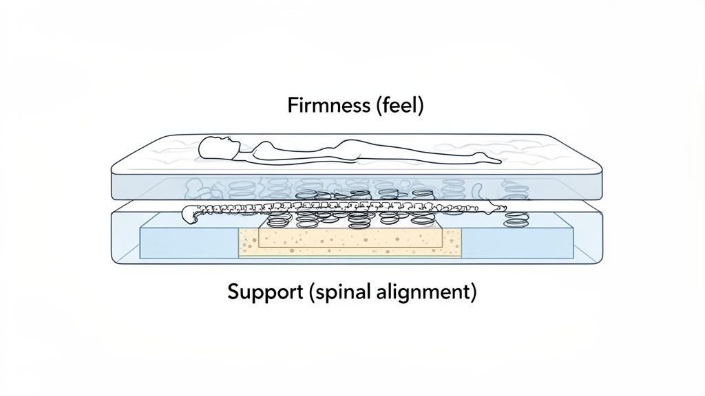 Cutaway diagram of a mattress demonstrating firmness (feel) and support (spinal alignment) for a sleeper.