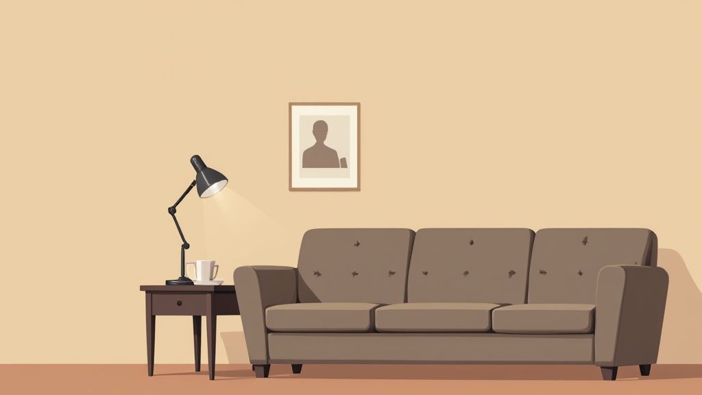 Modern living room interior with brown sofa, side table with lamp, and wall portrait