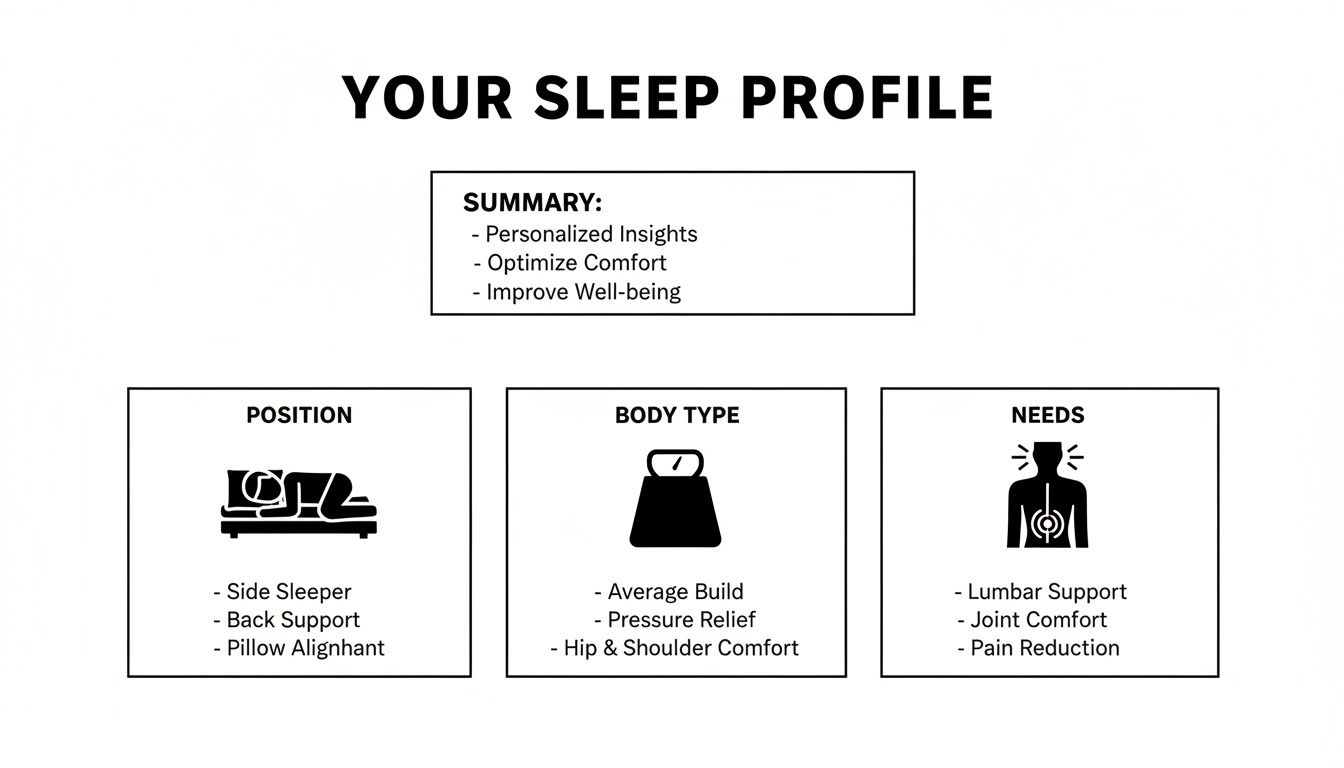 An infographic titled 'Your Sleep Profile' with sections for summary, position, body type, and needs.